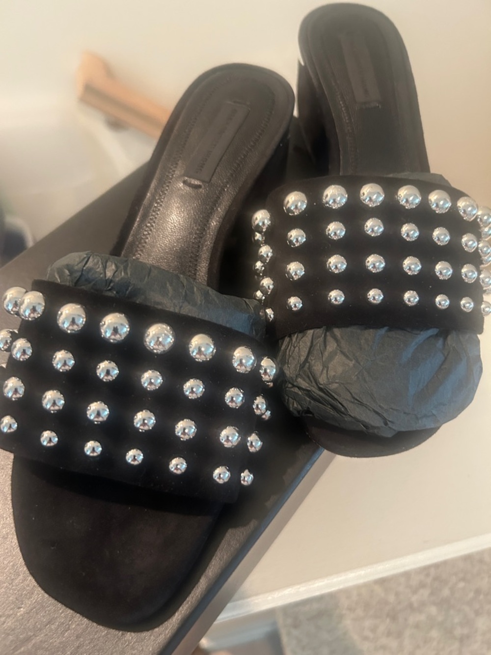 Alexander Wang Black SuedeStudded Slide Sandals - Picture 10 of 12